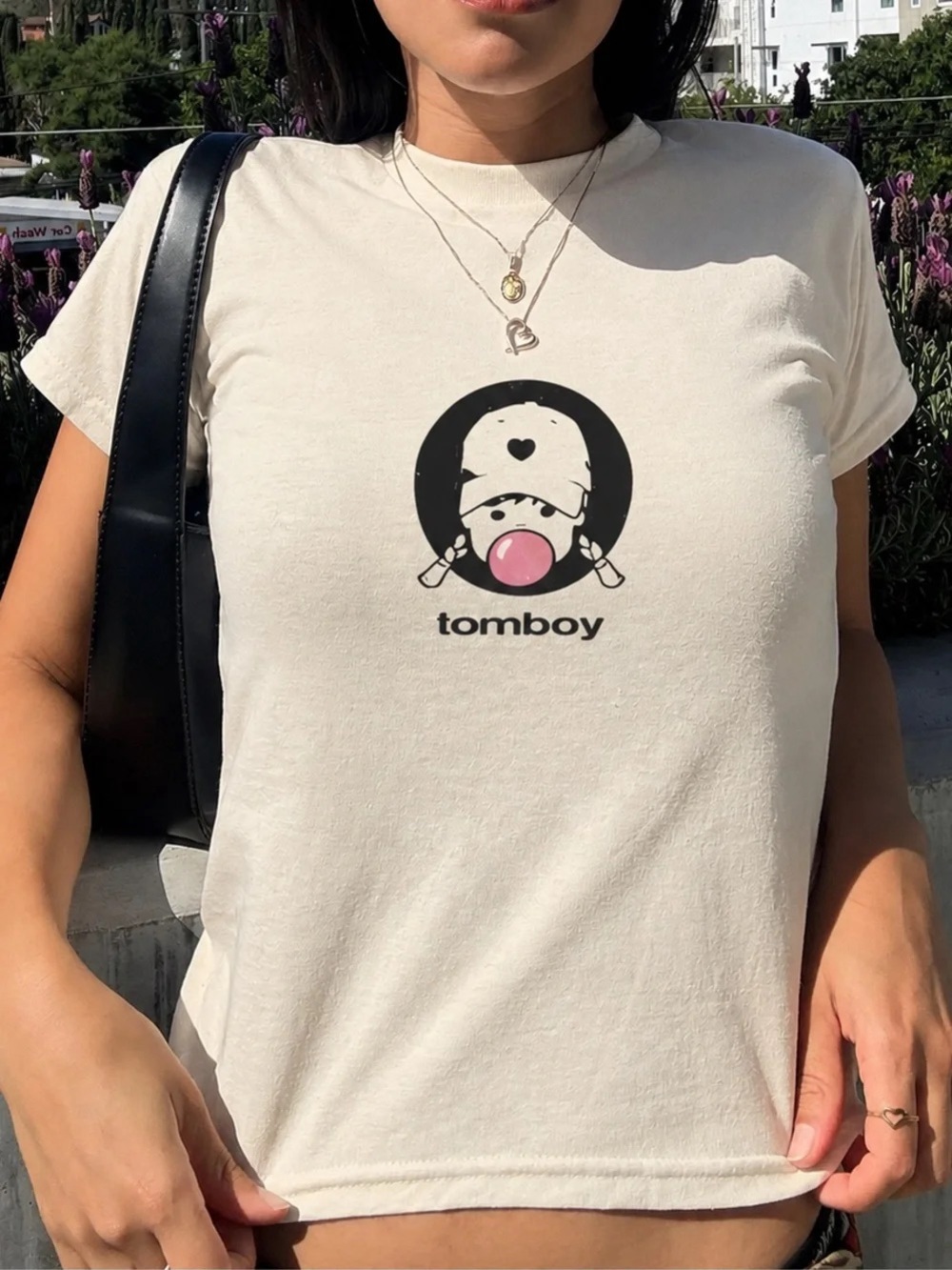 Gildan Cream 'tomboy' Graphic Crop Tee with Pink Bubble